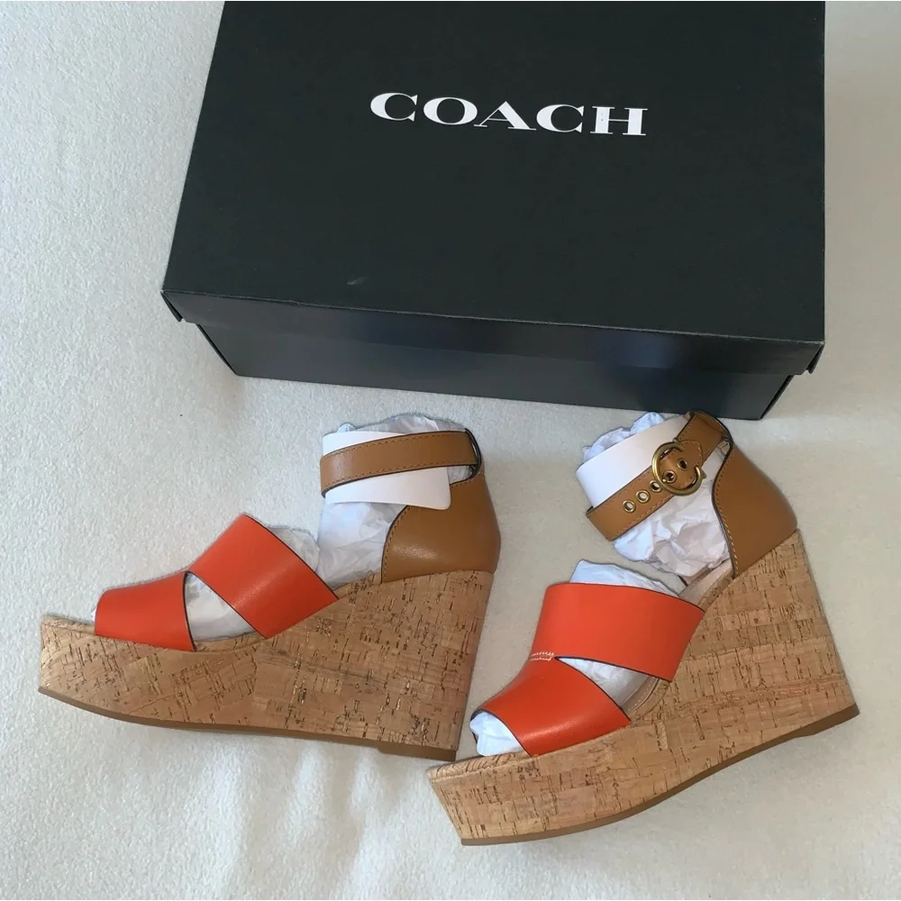 NEW! COACH Isla Colorblock Wedges, Leather & Cork, size 8.5, Brand New in Box! - Picture 9 of 16